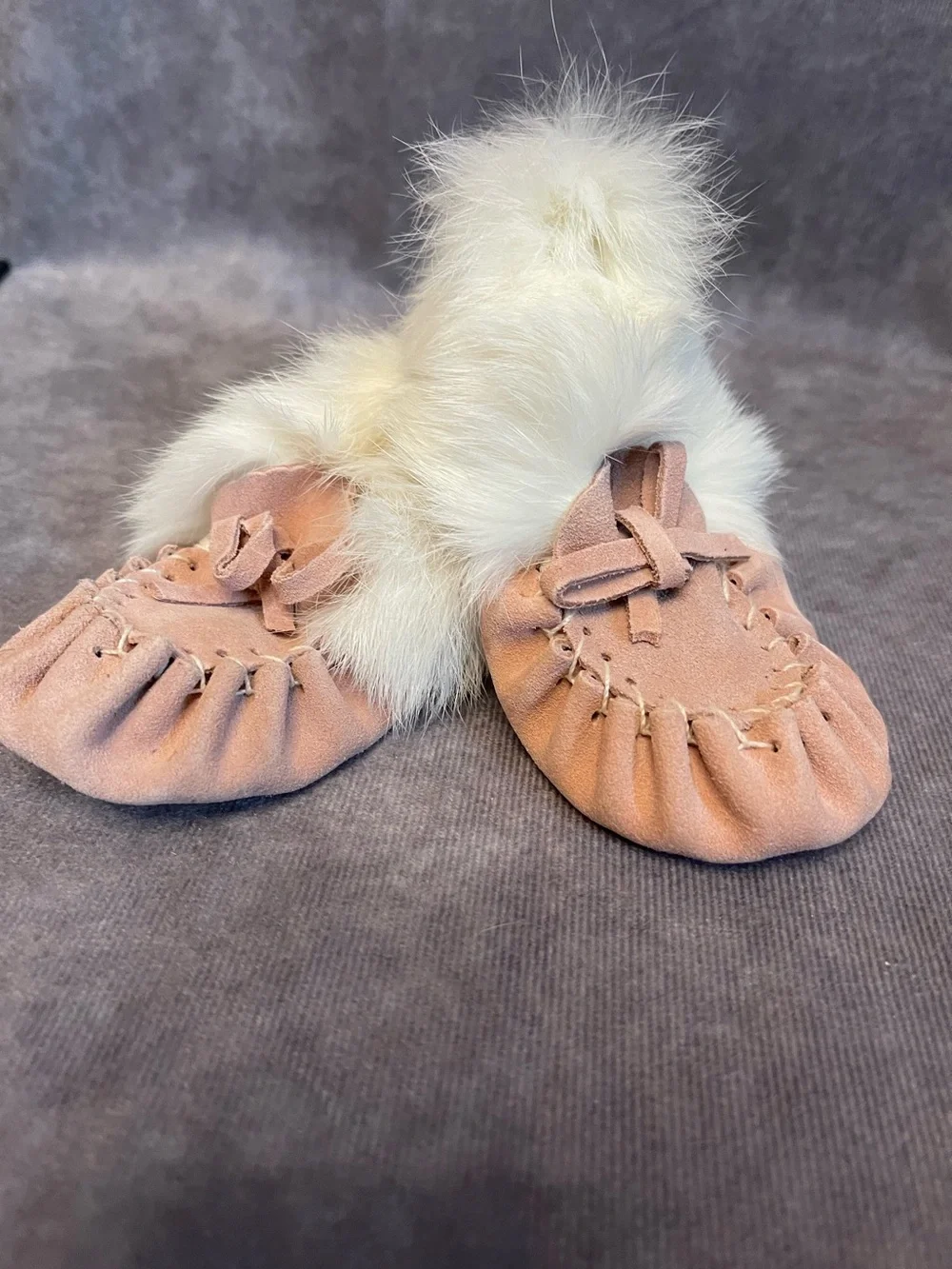 Soft Pink Suede Baby Moccasins with White Fur Cuff